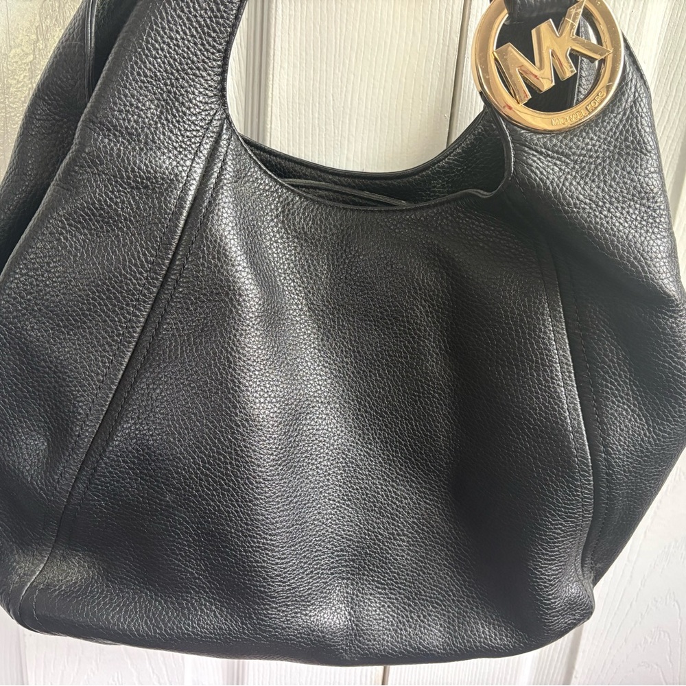 Michael Kors Black Pebbled Leather Shoulder Hobo with Gold MK Charm - Picture 10 of 10